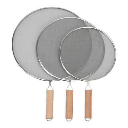 3 Pieces Grease Splatter Screen for Frying Pan, 21/25.5/29cm, with Wooden Handle