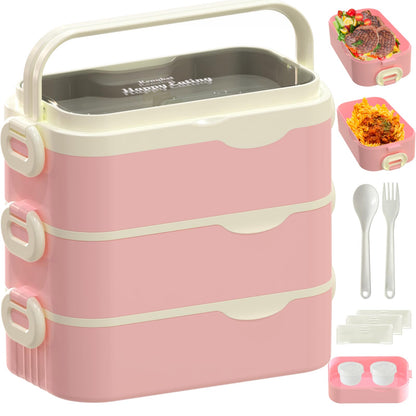 Kenuket Bento Box Adult Lunch Box, Stackable 3 Layers Large Capacity Lunch Containers, Microwave and Dishwasher Safe Food Grade Containers with Utensils, Dividers and Sauce Boxes for Men, Women, Kids