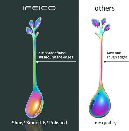 Rainbow Leaf Coffee Spoons, IFeico 4.7 inch Stainless Steel Ice-Cream Tea Sugar Spoons, 5 Pack