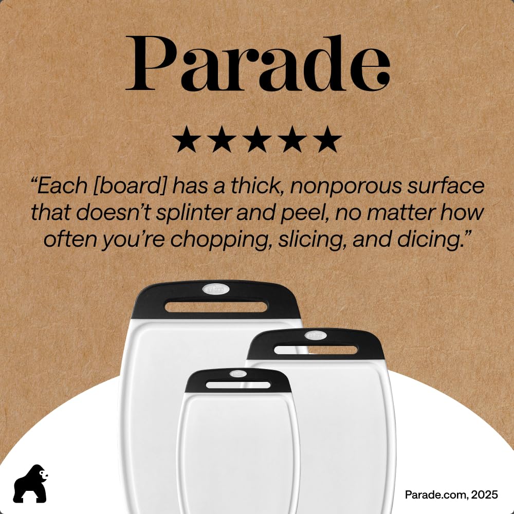 GORILLA GRIP BPA-Free Reversible Kitchen Cutting Board Set of 3, US Designed, Nonporous, Juice Grooves Catch Liquid, Slip Resistant Border, Dishwasher Safe, Durable Large Food Chopping Boards, Black