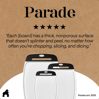 GORILLA GRIP BPA-Free Reversible Kitchen Cutting Board Set of 3, US Designed, Nonporous, Juice Grooves Catch Liquid, Slip Resistant Border, Dishwasher Safe, Durable Large Food Chopping Boards, Black