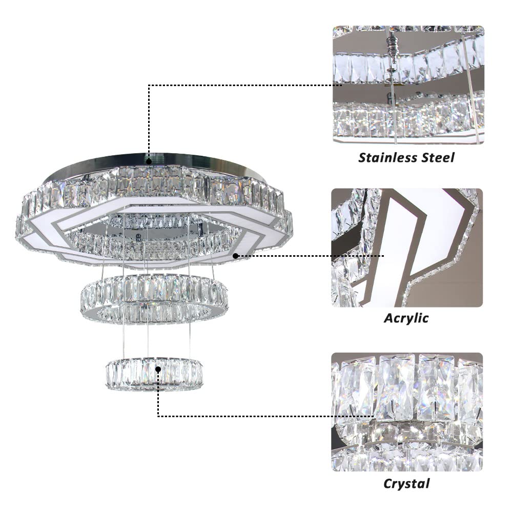xychfantligh 22.5" Crystal Chandeliers Living Room Modern Chandelier Crystal Ceiling Light LED 2 Rings Pendant Light Flush Mount Chandelier for Bedroom Dining Room Entryway (Cool White)