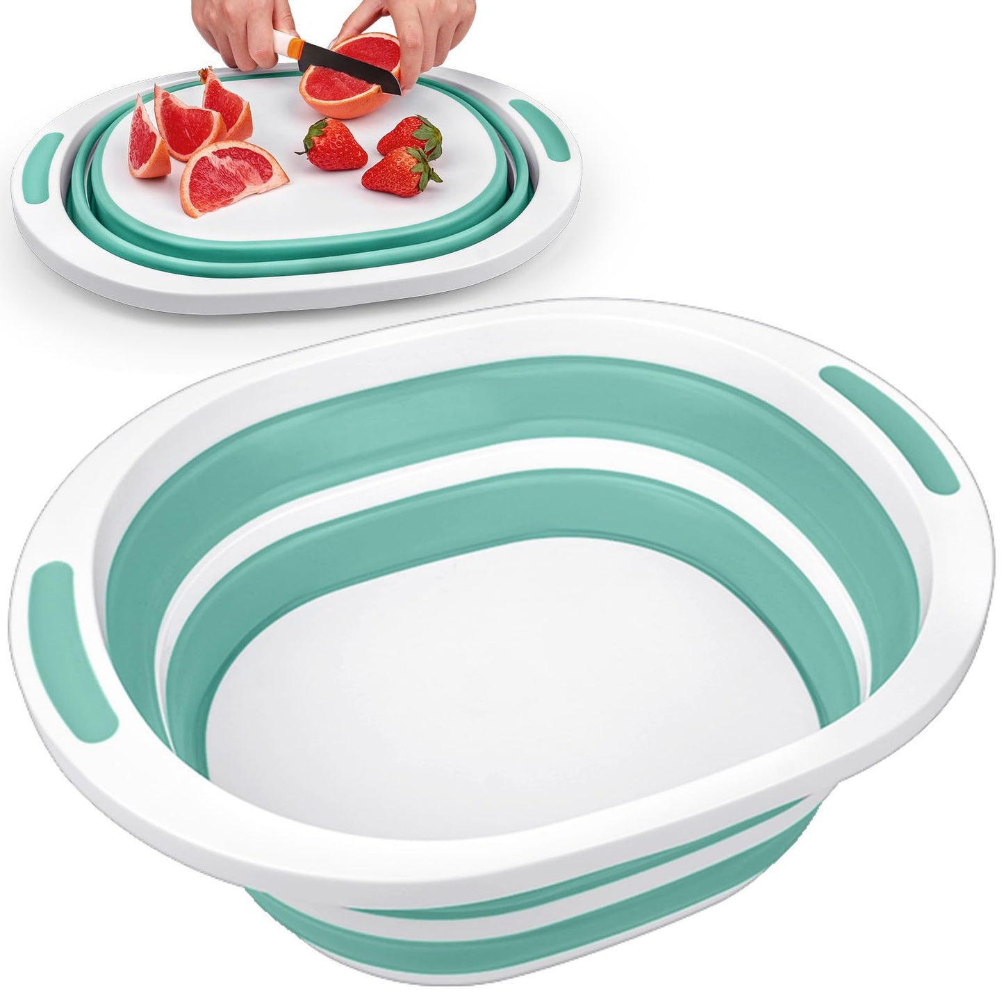 Collapsible Wash Basin, 7.5L Dish Tub Sink Basin Folding Dish Pans for Kitchen Sink, 2-in-1 Dishpan + Cutting Board, Portable Sink Dish Basin for Camping BBQ Prep Tub Washing Bin Bucket for Cleaning