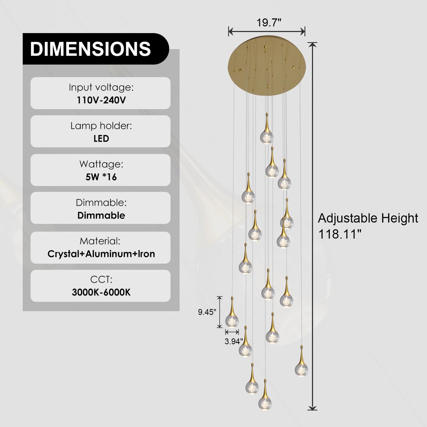 GINSENGLUX Gold LED Staircase Chandelier for High Ceiling, Gold LED Dimmable Remote, Modern Crystal Teardrop Long Hanging Pendant Light for Stairwell Living Room Entryway Stair Foyer, H118in 16 Lights