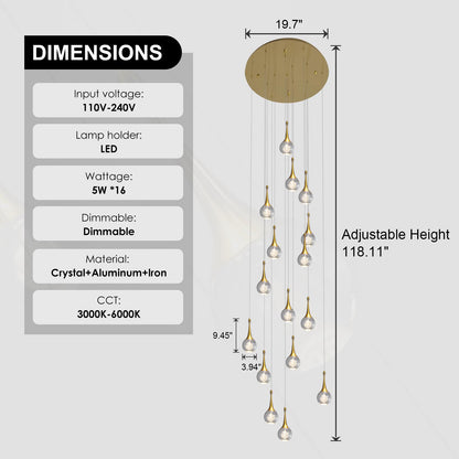 GINSENGLUX Gold LED Staircase Chandelier for High Ceiling, Gold LED Dimmable Remote, Modern Crystal Teardrop Long Hanging Pendant Light for Stairwell Living Room Entryway Stair Foyer, H118in 16 Lights