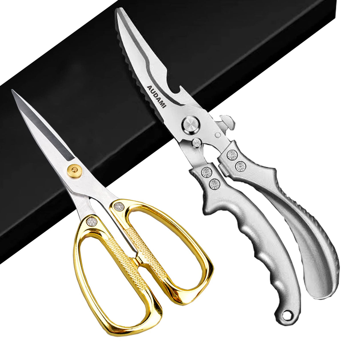 AUDAMI Stainless Steel Heavy Duty Kitchen Scissors - 2 Pack Multipurpose Food Scissors, Poultry & Meat Shears