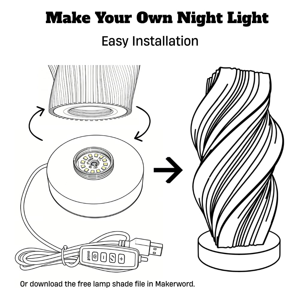 PDClnyck 2pcs LED Wooden Lamp Base Kit with Metal External Thread for Bambu Lab 3D Printed Shade, 5V USB Powered DIY Hardware for MakerWorld Model (White) (RGB Light+Remote)