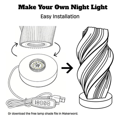 PDClnyck 2pcs LED Wooden Lamp Base Kit with Metal External Thread for Bambu Lab 3D Printed Shade, 5V USB Powered DIY Hardware for MakerWorld Model (White) (RGB Light+Remote)