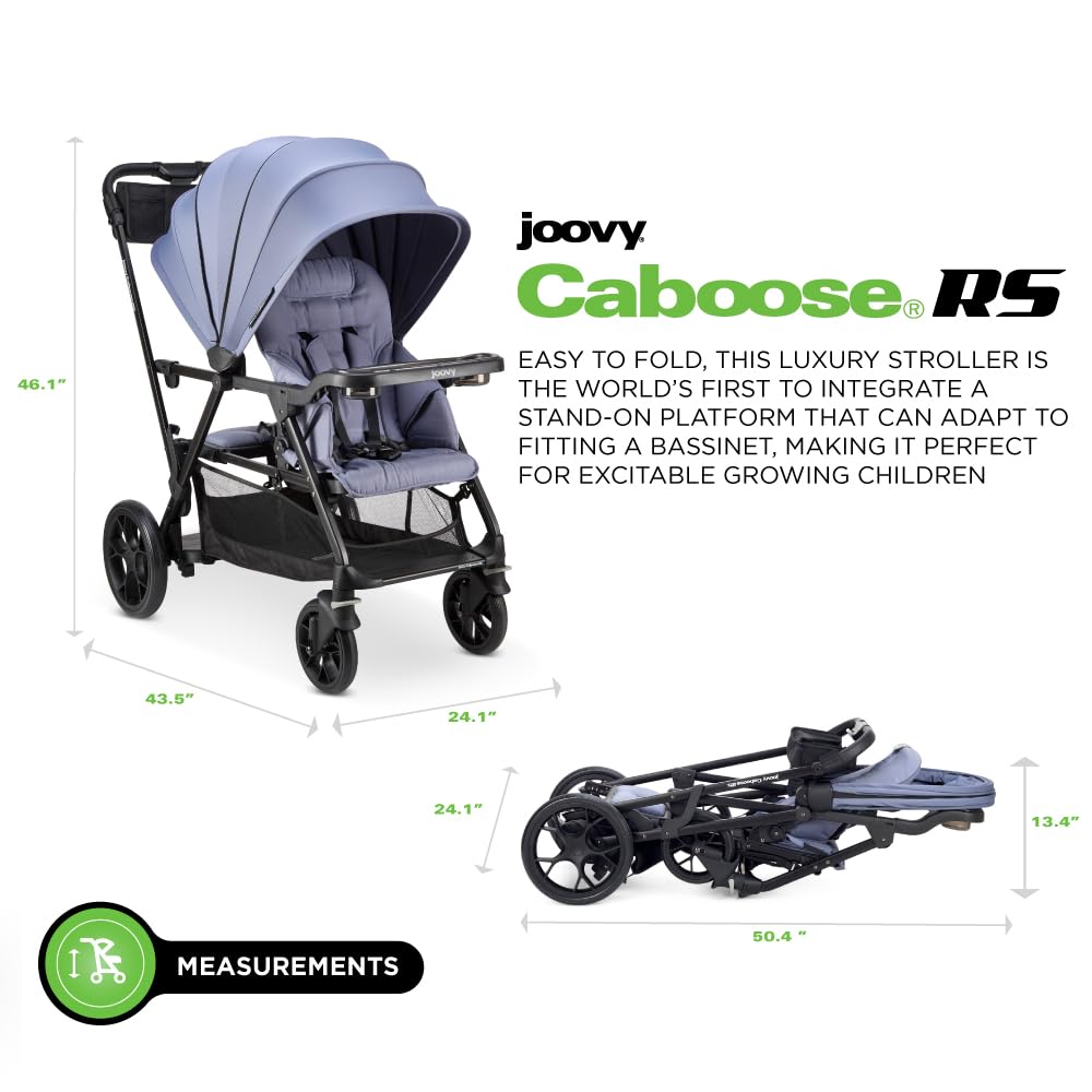 Joovy Caboose RS Sit & Stand Double Stroller for Children Up to 55 lb. with All-Terrain Wheels, UPF50+ Sun Canopy & Magnetic 5-Point Safety Harnesses, Slate