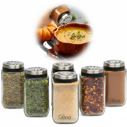 Adjustable Glass Spice Jars (Set of 6) with 6 Pouring Sizes- Stainless Steel Lid/Cap- Square Seasoning Bottle Containers for Minimalist Kitchen Pantry Storage Organization- Fill Shaker w Salt Pepper