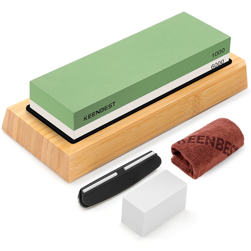 KEENBEST 1000 6000 Grit Whetstone Kitchen Knife Sharpening Stones 2 Side Water Wet Stone Sharpener Kit Japanese Wetstone Anti-Slip Base Angle Guide User Guidebook