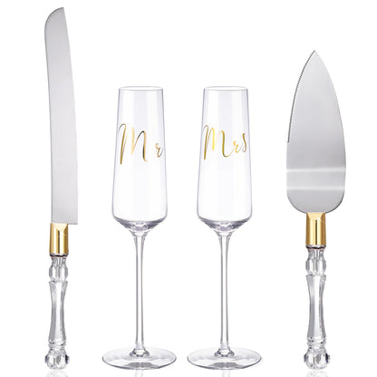 Boao 4 Pieces Wedding Toasting Flutes and Cake Server Set Wedding Reception Supplies Champagne Glasses Cake Knife Pie Server (Gold,Classic)