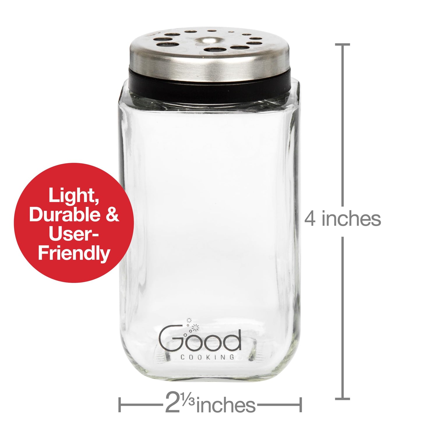 Adjustable Glass Spice Jars (Set of 6) with 6 Pouring Sizes- Stainless Steel Lid/Cap- Square Seasoning Bottle Containers for Minimalist Kitchen Pantry Storage Organization- Fill Shaker w Salt Pepper