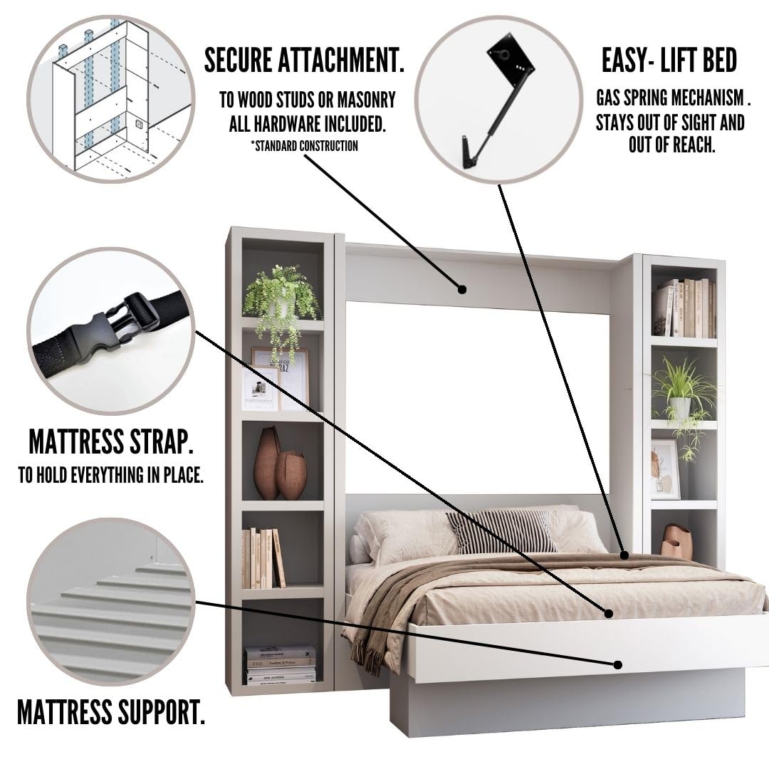 Oakland Living Easy-Lift Queen Murphy Wall Bed in Black with Two Bookshelves