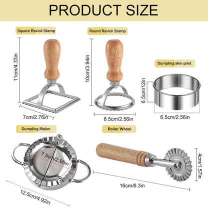 Ravioli Pasta Cutter Wheel Set of 5, Ravioli Makers with Roller Ravioli Stamp Cutter Set with Wooden Handle, Pasta Press Wheel Pasta Maker Tools For Pasta Making Dumplings, Pierogi (Silver)