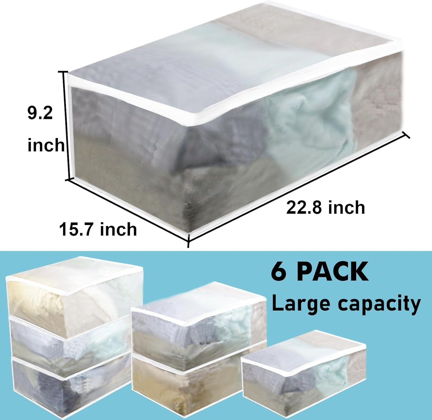Set of 6 Large Clear Clothes Storage Bags, Thicken Organizer Bins for Blankets, Sheets, Quilts, and Folded Clothes