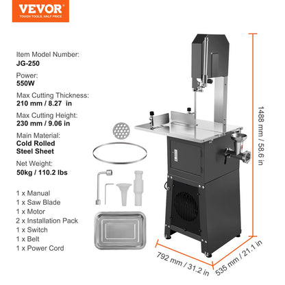 VEVOR Commercial Electric Meat Bandsaw, 550W Stainless Steel Vertical Bone Sawing Machine, 19.1"x15" Workbench, 7.09 Inch Cutting Thickness, Frozen Meat Cutter with Blade for Rib Pork Beef