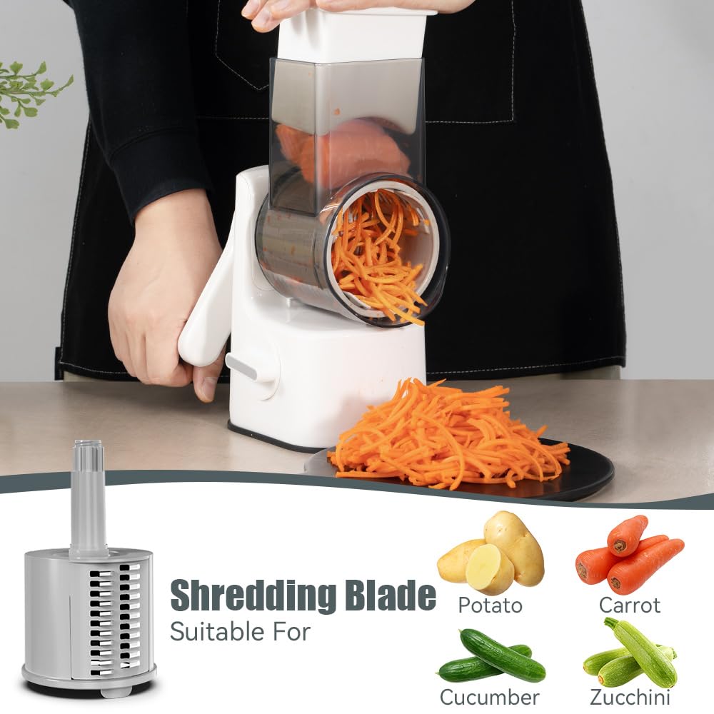 Maxceysen Safe Vegetable Mandoline Slicer Large Multifunctional Rotary Cheese Grater Hand Crank Easy Rotating Veggie Shredder Anti-Cutting, 3 Interchangeable Blades (WhiteGrey)
