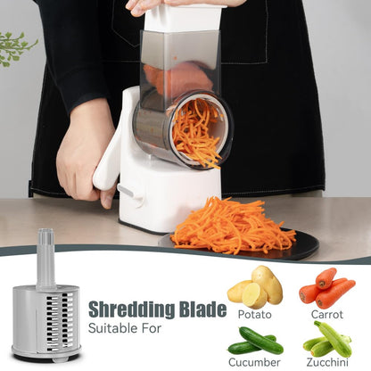 Maxceysen Safe Vegetable Mandoline Slicer Large Multifunctional Rotary Cheese Grater Hand Crank Easy Rotating Veggie Shredder Anti-Cutting, 3 Interchangeable Blades (WhiteGrey)