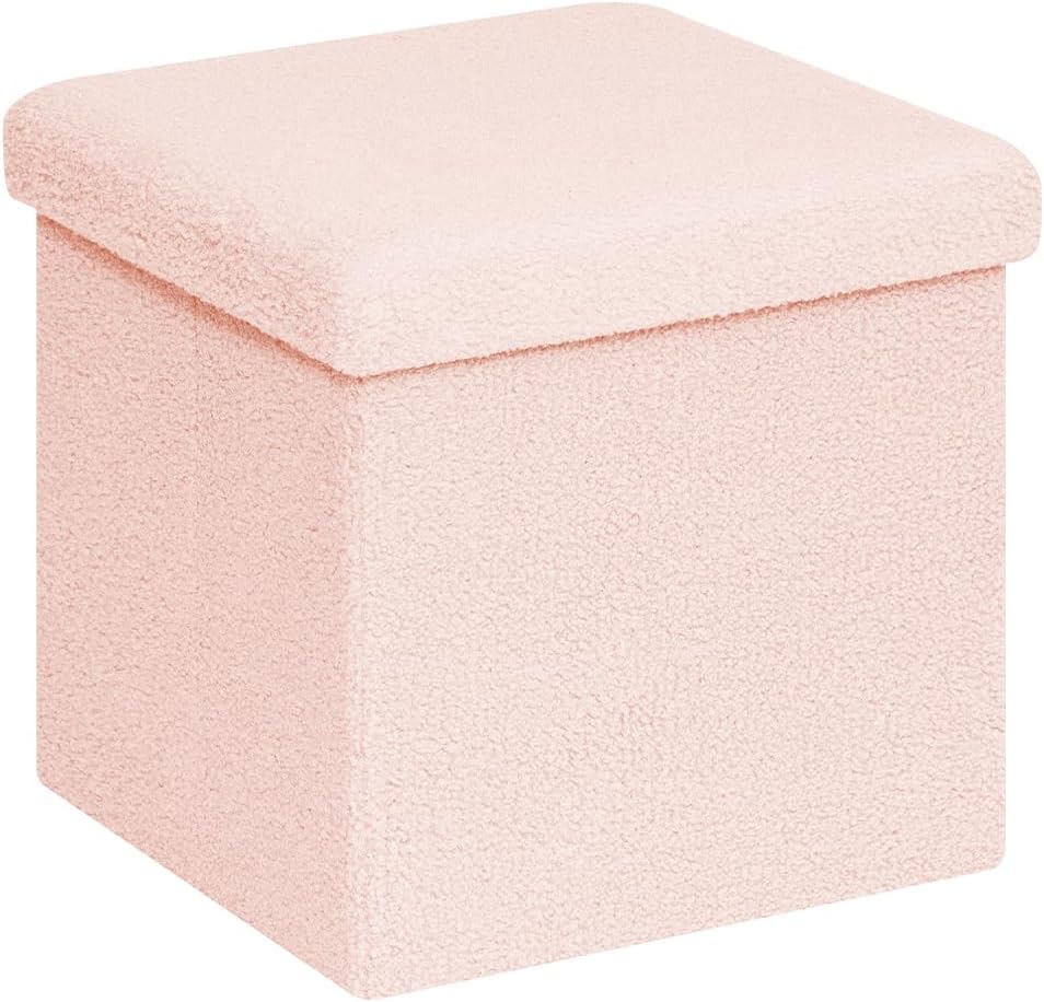 15"x15"x15" Square Ottoman with Storage, Small Sherpa Storage Ottoman Cube, Boucle Folding Foot Rest for Dorm, Living