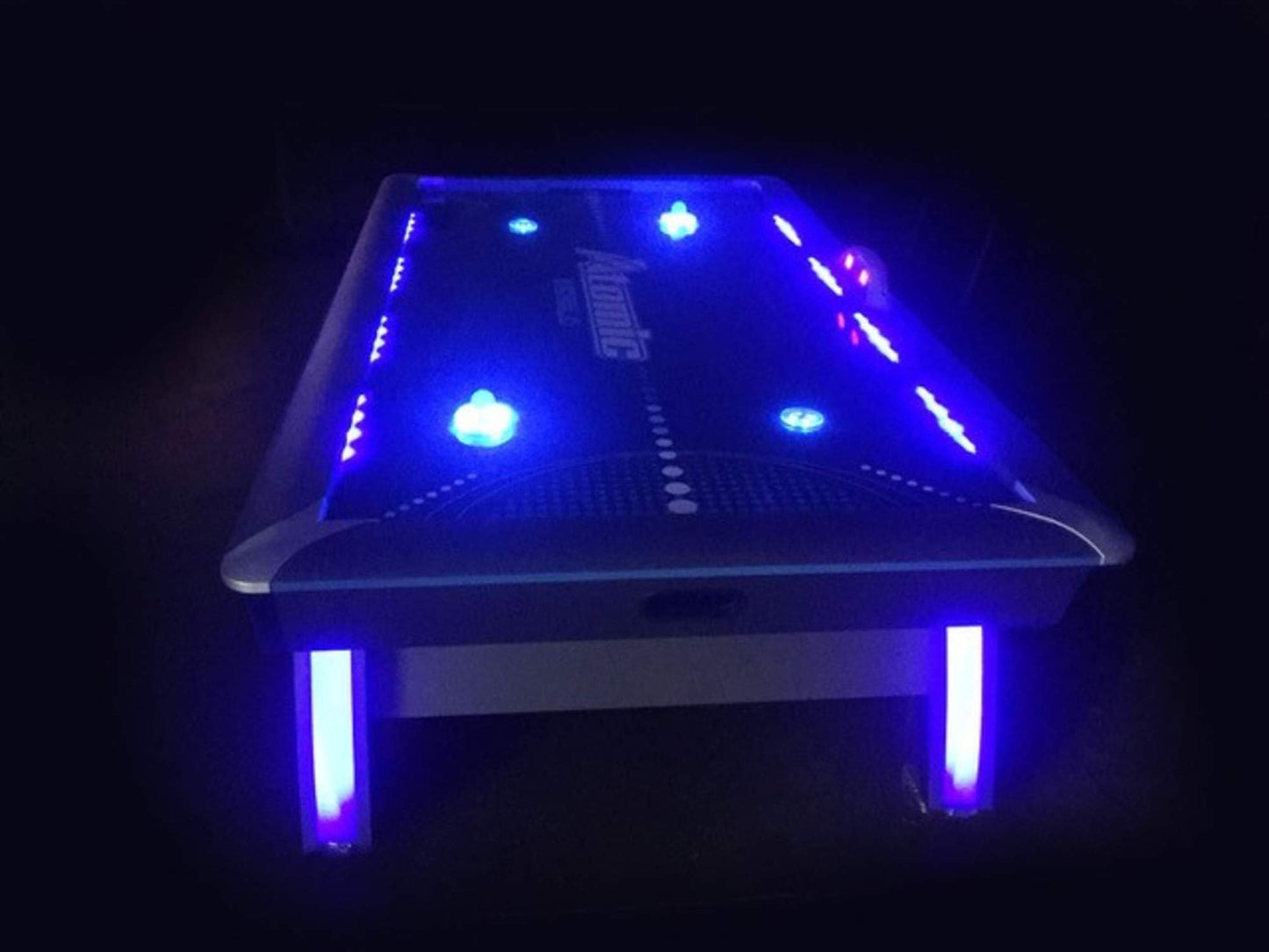 Atomic 90” Indiglo LED Light Up Air Hockey Table – Fully Illuminated Arcade Style Table with LED Scoring, Light Up Pucks & Pushers, in‑Rail Lighting and Music