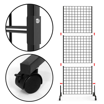 Eastern Tree 2 Packs 2'x 5' Six Pieces Gridwall Panels Stand with T-Base, Black Wire Grid Wall Display Racks with Wheels, Craft Show Display Rack, Retail Display, Extra More 16 Pieces Hooks