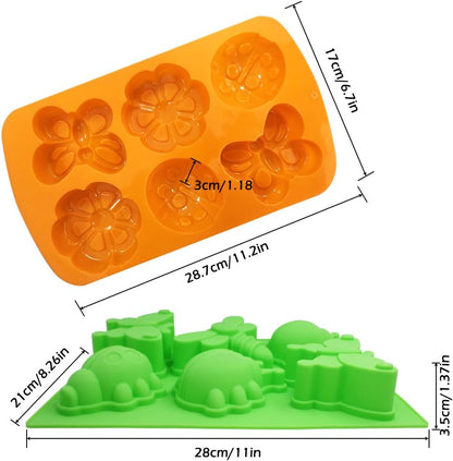 SENHAI 2 Pcs Insect Shape Silicone Trays, 6-Cavity 3D Dragonfly Butterfly Ladybug Cake Baking Molds - Orange, Green