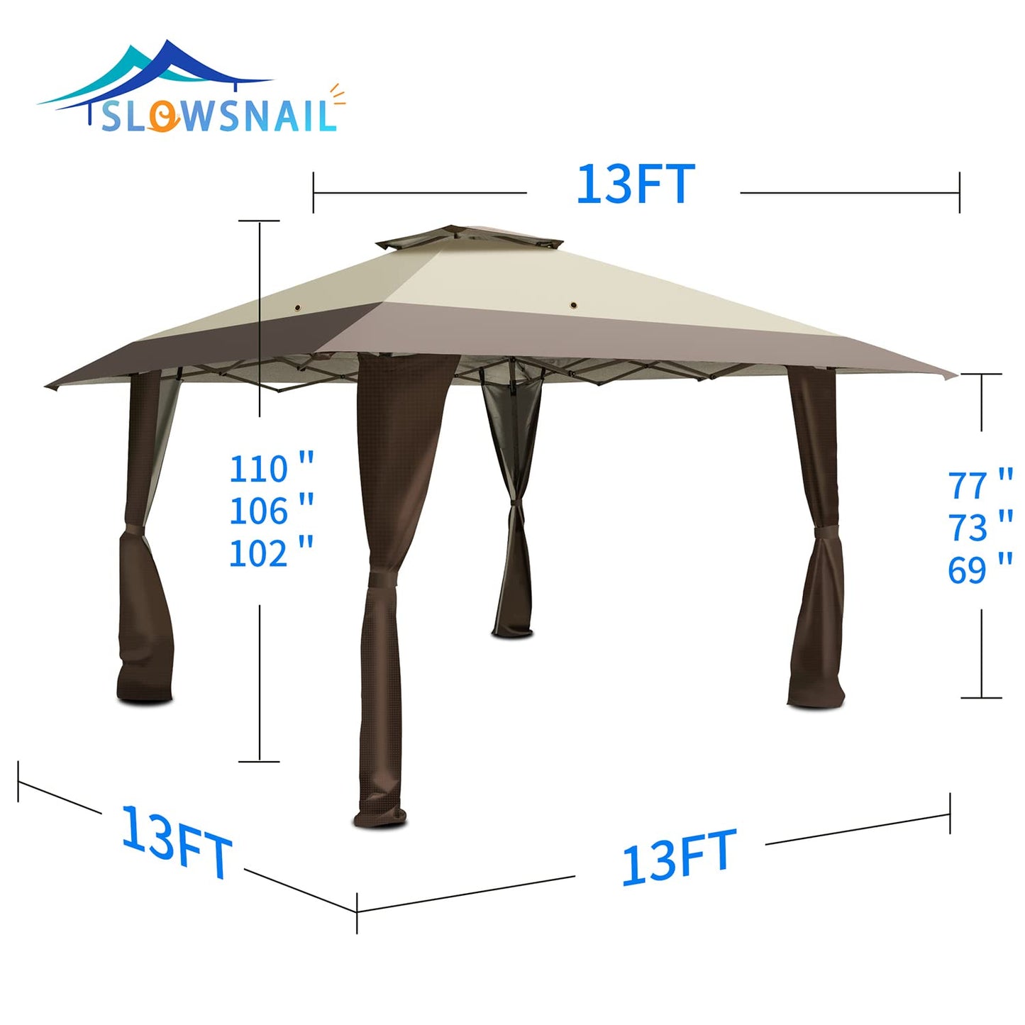 SlowSnail 13x13 Pop Up Canopy Tent, Upgraded Durable Outdoor Instant Sun Shade Canopy, Brown - Bonus 8 Stakes, 4 Guylines, 1 Roller Bag