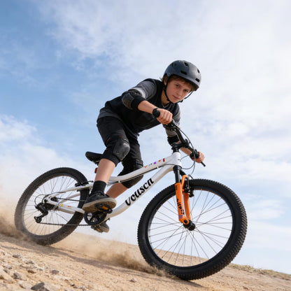 vollsch 24 Inch Kids Mountain Bike for 9-15 Years Old Boys Girls Teens 6-Speed Child MTB Bicycle with Front Suspension Fork, White with Orange Fork