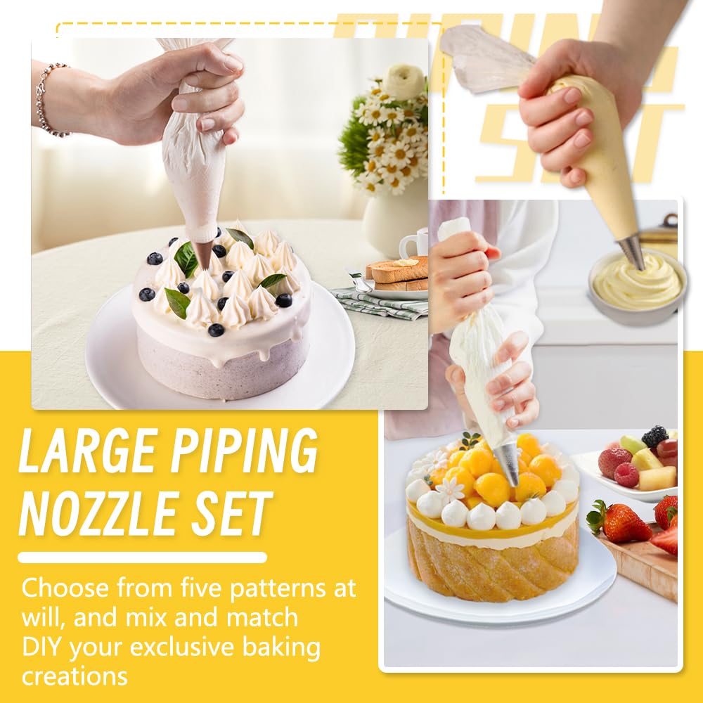 18 Inch Large Piping Bags and Tips Set,100PCS Extra large piping bags Disposable with 5 Piping Tips(Round Tip/Open Tip/Closed Star Tip/Drop Flower Tip/French Star Tip for Cupcakes,Cookie,Cake decor