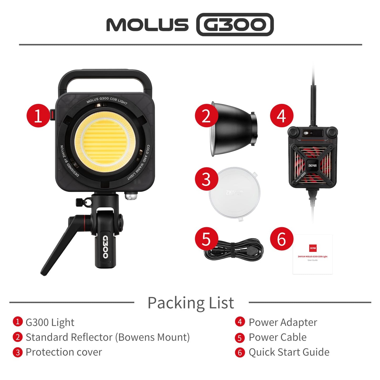ZHIYUN MOLUS G300 [Official], 300W COB Bi-Color LED Video Light, Bowens Mount, 500W MAX Extreme Mode, App Control, Ultra Quiet, 2700K-6500K, CRI 95+ TLCI 97+ 15500Lux/1M,14 Lighting Effects