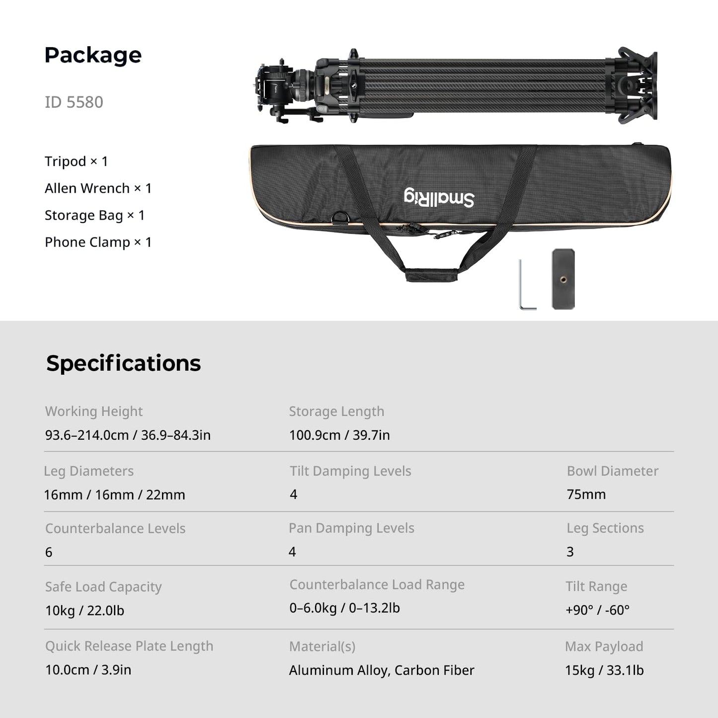 SmallRig 84''/214cm FreeSpeed Carbon Fiber Counterbalance Video Tripod, Heavy-Duty Camera Tripod with 6-Step Counterbalance, 4-Level Tilt/Pan Damping, Dual-Mode QR Plate, Max Load 22lbs - 5580