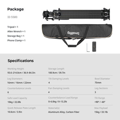 SmallRig 84''/214cm FreeSpeed Carbon Fiber Counterbalance Video Tripod, Heavy-Duty Camera Tripod with 6-Step Counterbalance, 4-Level Tilt/Pan Damping, Dual-Mode QR Plate, Max Load 22lbs - 5580