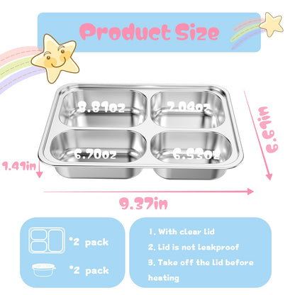 Bakpoco Stainless Steel Divided Plate for Kids Toddler, Non Toxic Portion Control Plate Dinner Plate with Lid for Adults Weight Loss, 2 Pack 4 Sections Rectangular Snack Plate Tray