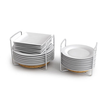 Dish Rack for Kitchen Countertop Organizer - Bamboo Plate Organizer for Cabinet Space Saver, Adjustable Stainless Steel 304 Plate and Bowl Holder with Portable Handle for Drawer Cupboard Shelf RV