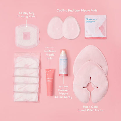 Frida Mom Breastfeeding Survival Kit for Nursing Moms, Reusable Hot+Cold Breast Relief Packs, Hydrogel Nipple Pads, Cracked Nipple Saline Spray, Nipple Balm, Nursing Pads, 13 Piece Gift Set