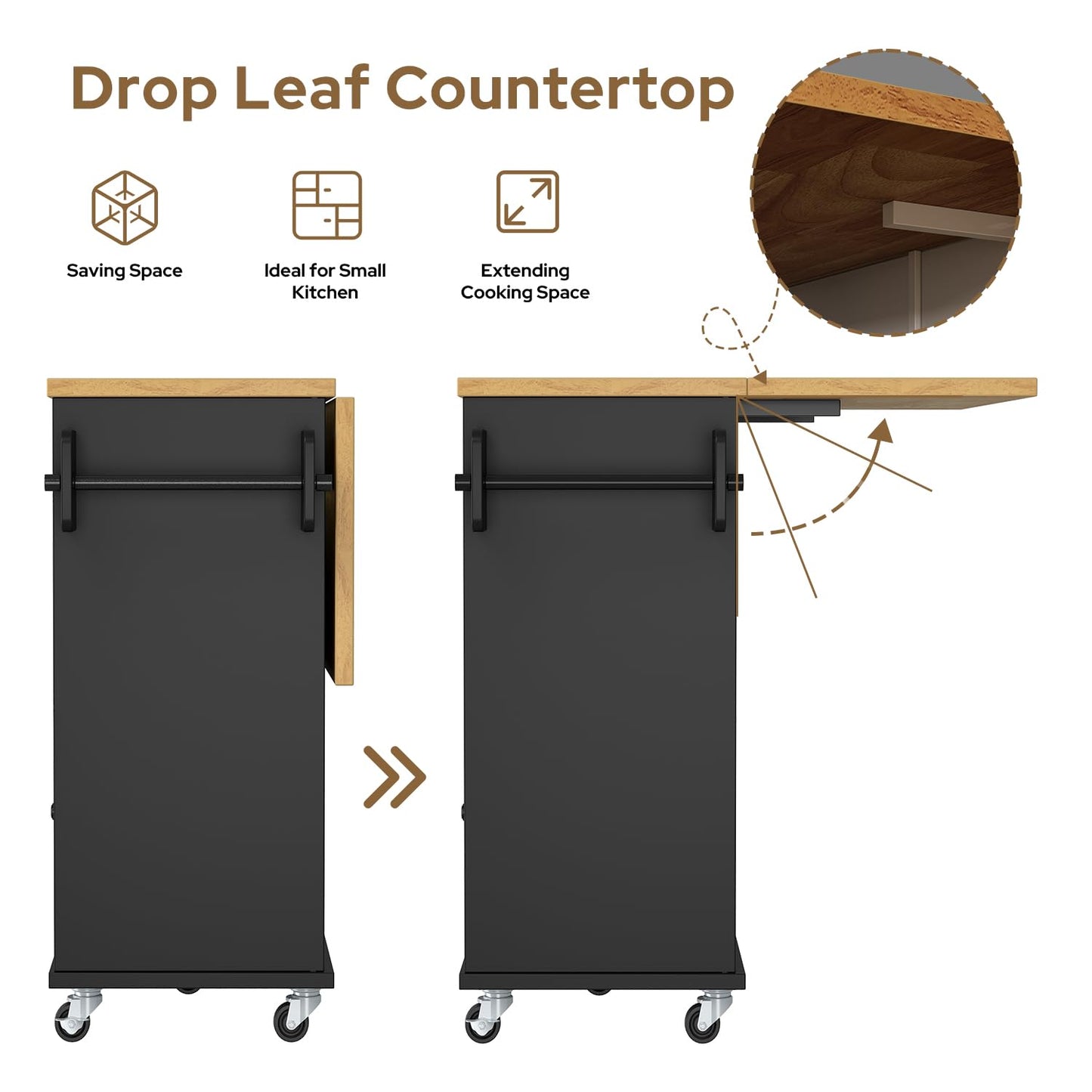 Rolling Kitchen Island with Storage Cabinet, 41.3'' Width Kitchen Cart with Desktop Drop Leaf Countertop, Portable Mobile Island with Towel Rack, Spice Rack Shelf and Lockable Wheels, Black