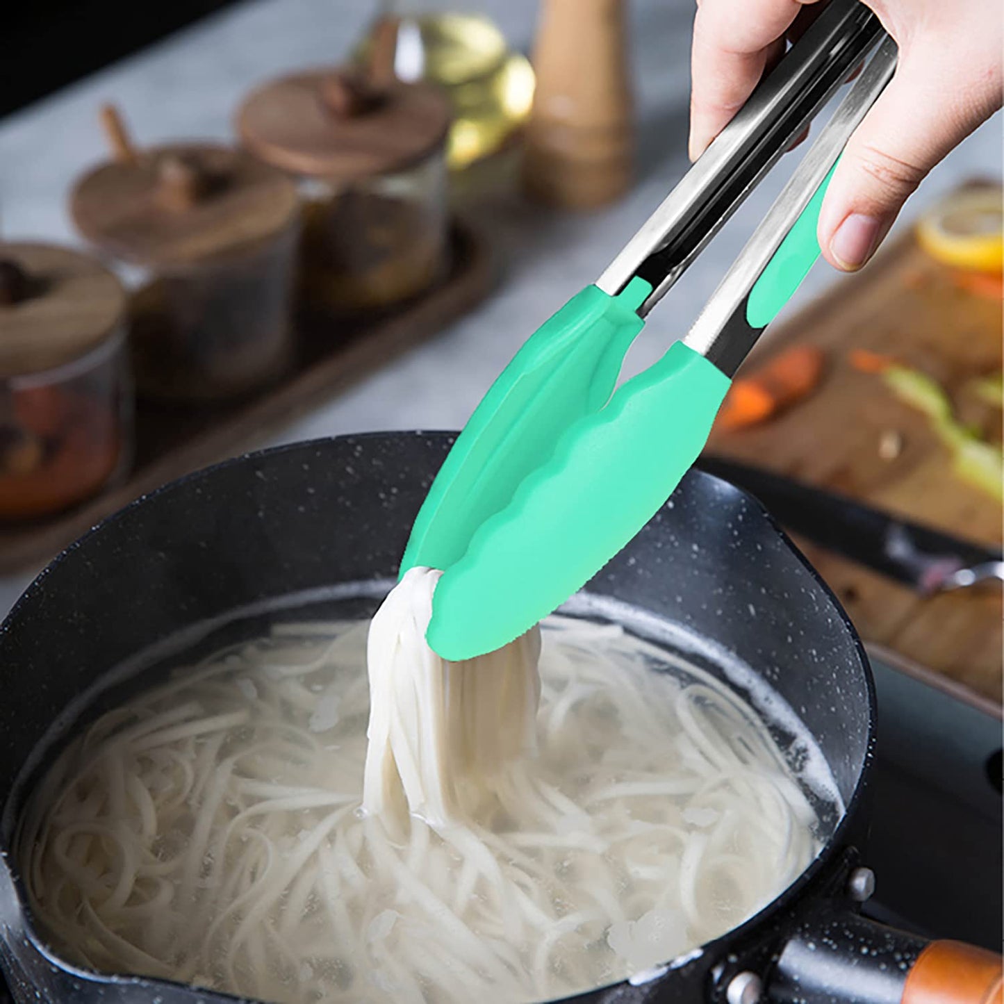 Small Silicone Tongs 7-Inch Mini Serving Tongs, Set of 3 (Black Gray White)