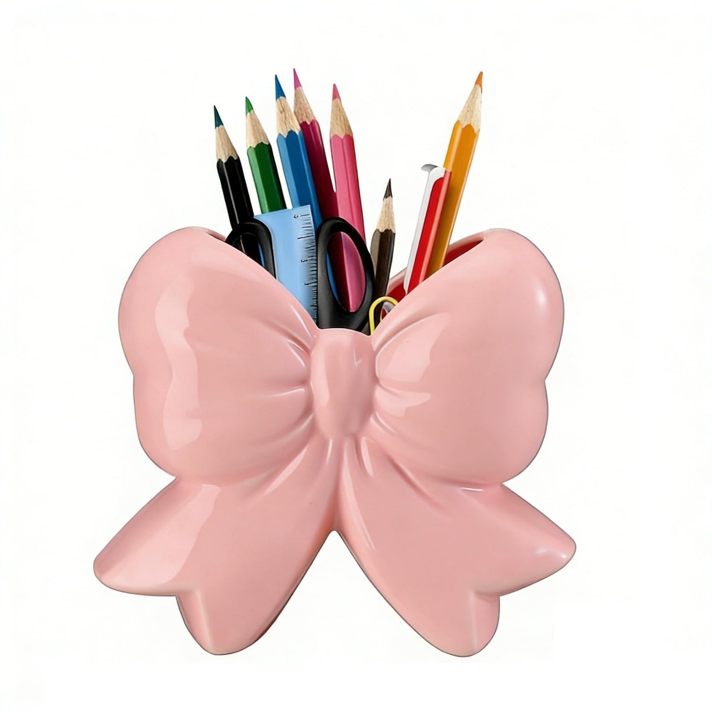Bow Pen Holder for Desk, Coquette Ceramic Pencil Organizer Makeup Brush Holders with Bow, School Supplies Cute Office Decor, Back to School Accessories for Teachers Appreaction Gift for Women(pink)