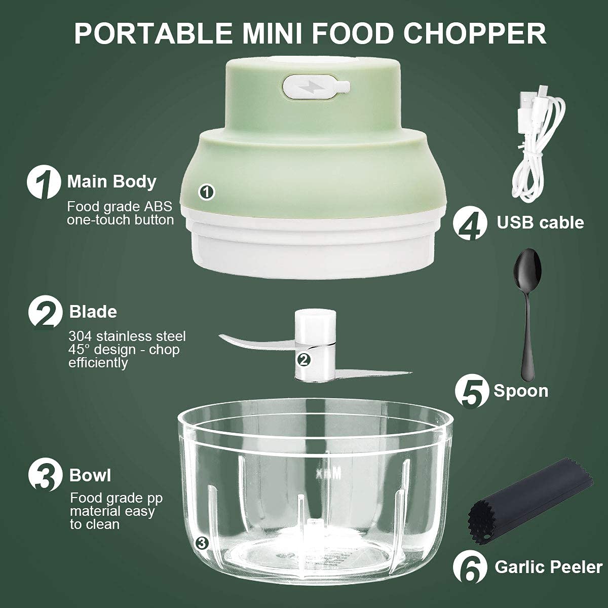 Electric Garlic Chopper Mini, Garlic Masher Crusher, Food Processor Small with Garlic Peeler And Spoon (100ML/3.3FL OZ, Green) 3.1 * 3.1 * 3.9 IN