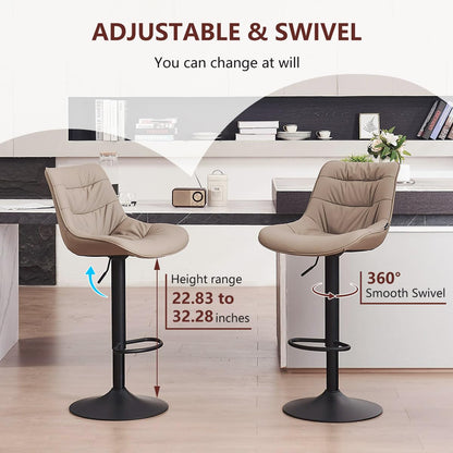 Kidol & Shellder Adjustable Bar Stools Set of 2, Faux Leather Counter Height BarStools with Back and Metal Base, Modern Mid Century Upholstered Bar stools for Kitchen Island Khaki