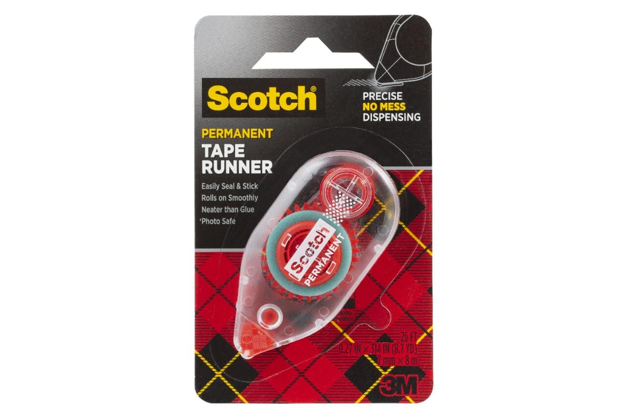 3M 6061 Scotch Double Sided Adhesive Roller Tape Runner, Permanent, Acid-Free, Photo-Safe Adhesive for Scrapbooking, Photo Mounting, and Crafts, 0.27 in x 26 ft per Roller, Pack of 6