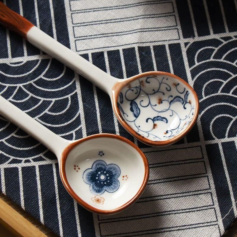 Chinese Handmade Ceramic Large Spoon, Long Handle Retro Porcelain Spoons for Ramen, Pho, Large Soup Spoons