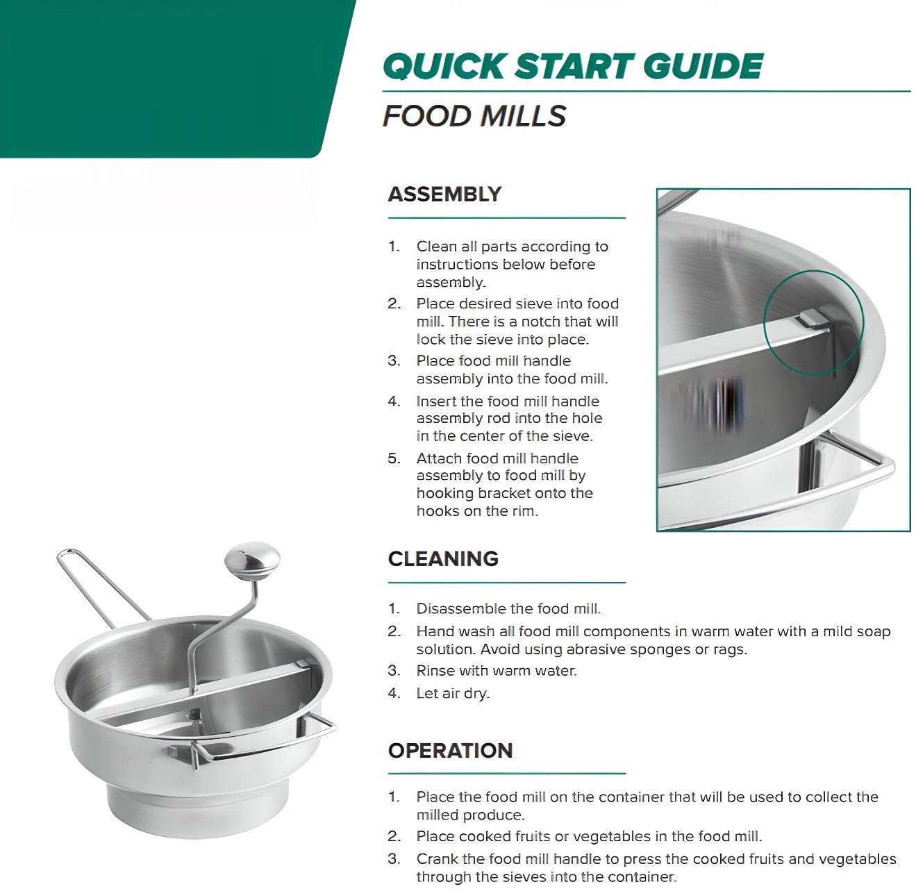 OCS Parts Pro Series Stainless Steel 2-Quart Food Mill with 3 Milling Discs | Rotary Food Mill for Purees, Applesauce, Jam, Baby Food, Tomato Sauce Mashed Potatoes and More