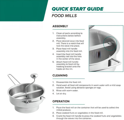 OCS Parts Pro Series Stainless Steel 2-Quart Food Mill with 3 Milling Discs | Rotary Food Mill for Purees, Applesauce, Jam, Baby Food, Tomato Sauce Mashed Potatoes and More