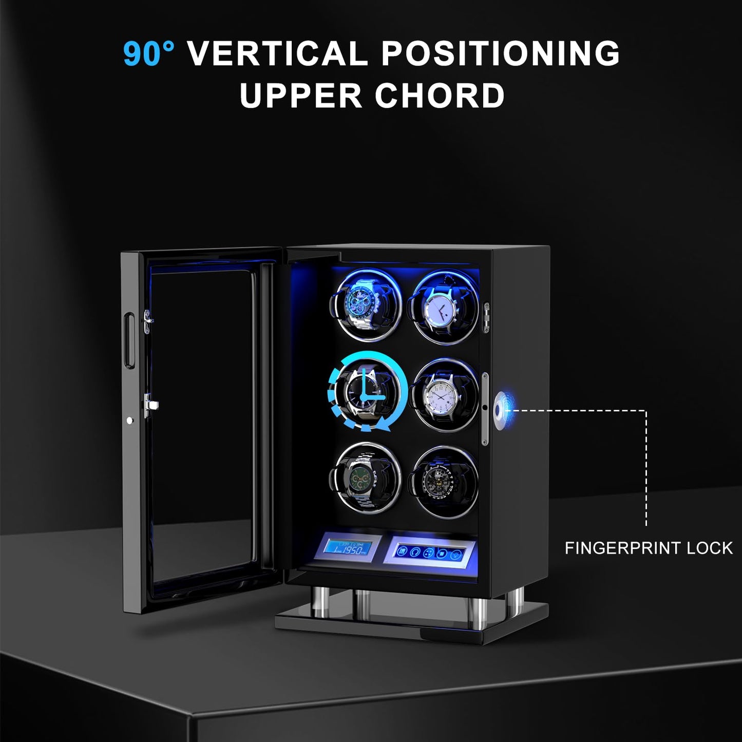DUKWIN Watch Winder for 6 Automatic Watches, Fingerprint Lock Watch Winders with LCD Touchscreen, Blue LED Light, Remote Control,Adjustable Pillow and Quiet Motor for Universal Watches, 5TPD