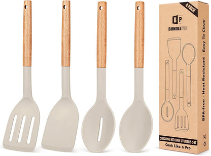 Skiennix Silicone Cooking Utensils Set - Non-Stick Spatulas & Heat-Resistant Spoons | 4-Piece Khaki Kitchen Set