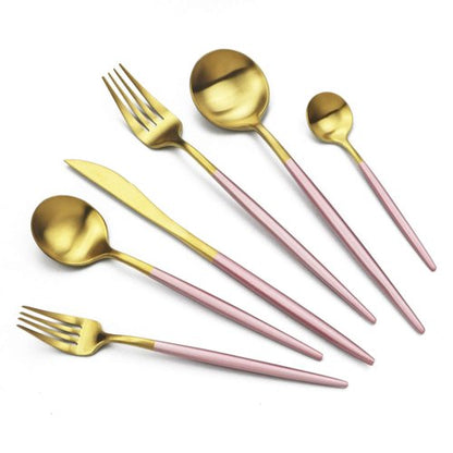 JASHII Luxury 18/10 Pink Handle Flatware Gold Silverware Set 304 Stainless Steel Flatware Cutlery Set| 24-Piece Adaline Royal Modern Satin Finish| BEST Birthday Wedding Gift (Pink Handle Matte Gold)