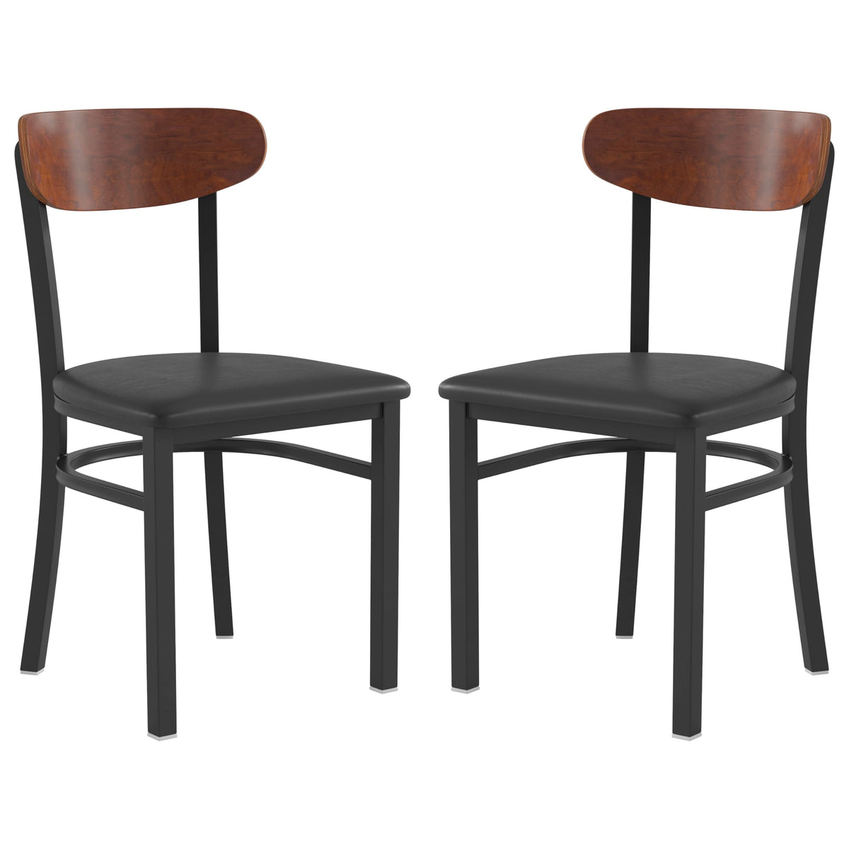 Flash Furniture Wright Set of 2 Commercial Dining Chairs - Walnut Wood Boomerang Back - Black Vinyl Seat - 500 LB. Capacity Black Steel Frame-Integrated Footrest