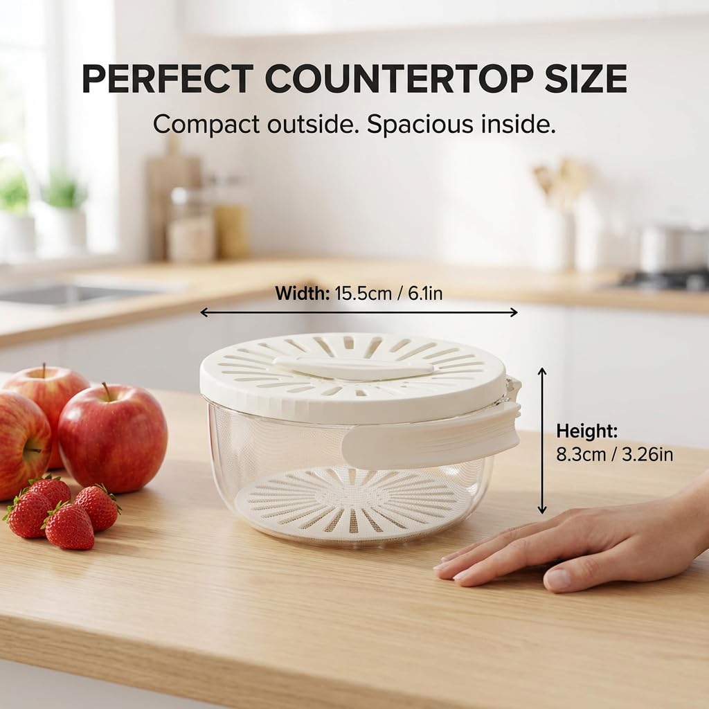 Mesh Fruit Basket Straine, Cleaner Bowl with Lid, 2-in-1 Draining and Preservation Spinner, Multifunctional Vegetable Washer Colander with Foldable Handle for Kitchen Counter